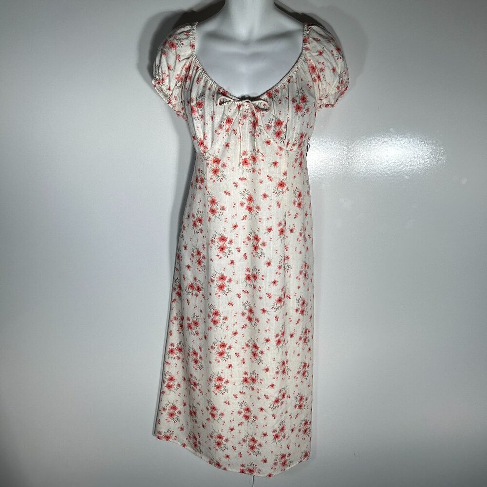 Divided NWT SZXL Linen Pink Floral Midi Dress Milkmaid Cottage Prairie Coquette
